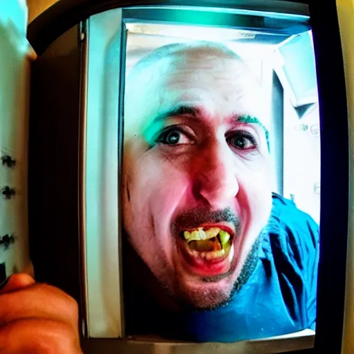 Image similar to crazy man inside a microwave, selfie, uncomfortable