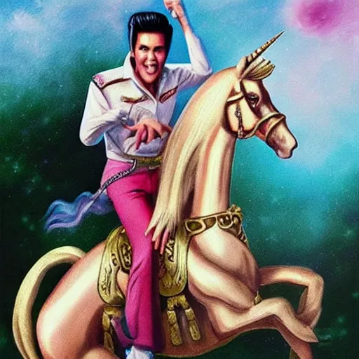 Prompt: Elvis Presley on a unicorn, fantasy art