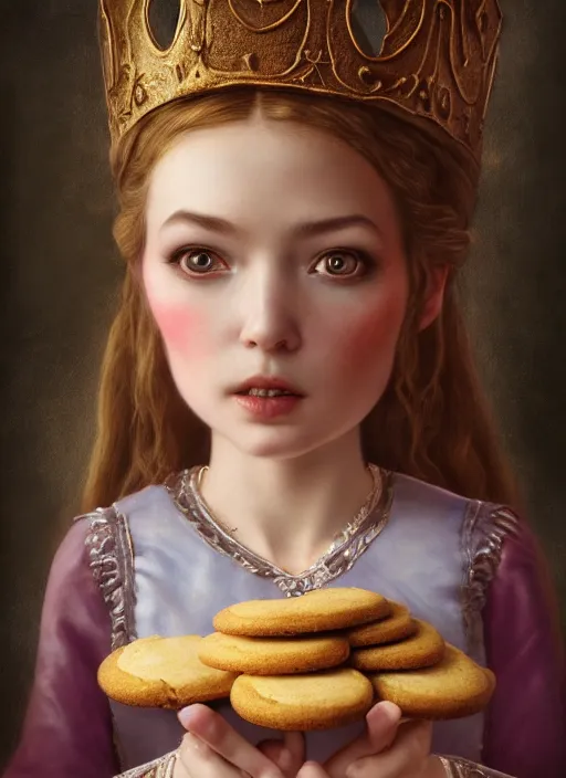 Image similar to highly detailed closeup portrait of a fairytale medieval princess eating cookies, unreal engine, nicoletta ceccoli, mark ryden, lostfish, earl norem, global illumination, god rays, detailed and intricate environment