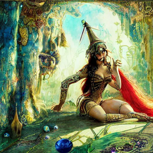 Prompt: cleopatra in alice in wonderland tripping on ayahuasca, intricate detail, painting, royo, frazetta, whealan,