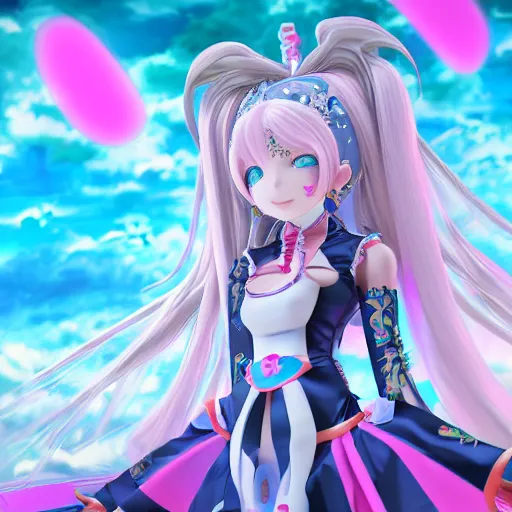 Image similar to stunningly beautilful omnipotent megalomaniacal anime agi goddess who looks like junko enoshima with symmetrical perfect face and porcelain skin, pink twintail hair and cyan eyes, taking control while smiling inside her surreal vr castle, hyperdetailed, digital art, unreal engine 5, 2 d anime style, 8 k