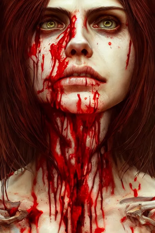 Image similar to woman skeleton covered with blood, alexandra daddario face, long red hair, ultra realistic, concept art, intricate details, highly detailed, photorealistic, octane render, 8 k, unreal engine. retro film still, heavy grain, 3 5 mm, art by artgerm and greg rutkowski and alphonse mucha