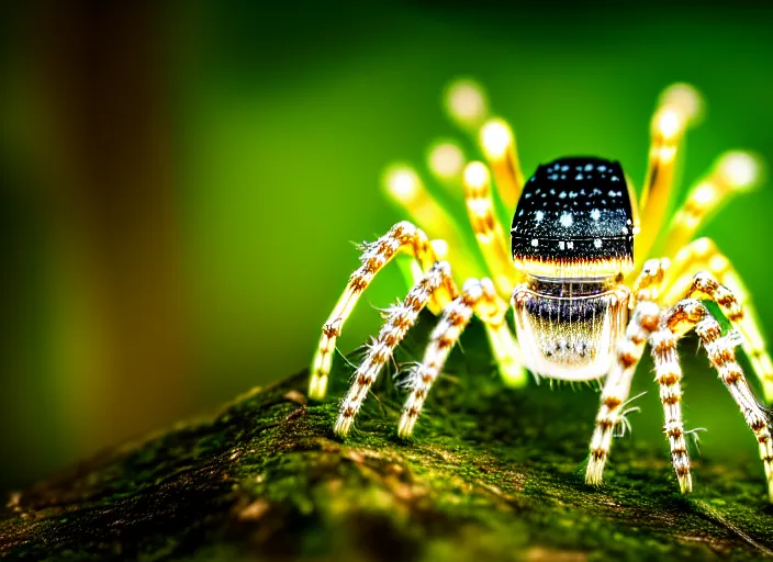 Image similar to macro portrait of a crystal spider in the forest. Fantasy magic style. Highly detailed 8k. Intricate. Nikon d850 300mm. Award winning photography.