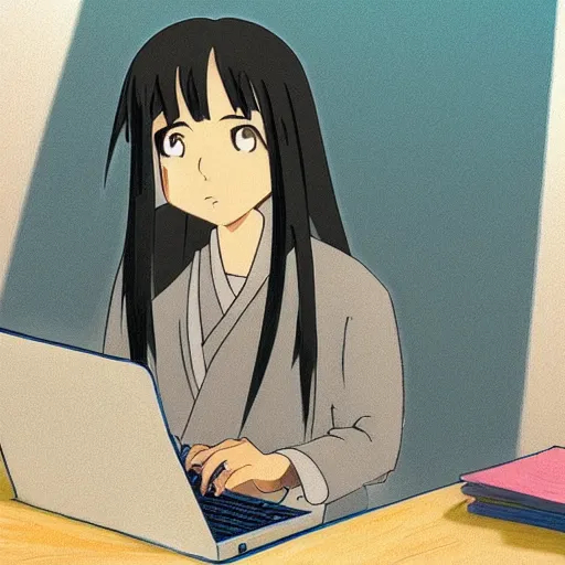 Image similar to guy with long black hair using a laptop, tan skin, looking down, art by hayao miyazaki, studio ghibli film, twitter pfp