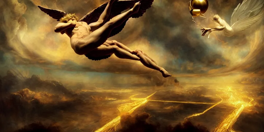 Image similar to Icarus trying to catch the golden snitch, by Rolf Armstrong and Evelyn De Morgan and Bastien Lecouffe-Deharme, dramatic lighting, high contrast colors, baroque, empyrean, panoramic view, as trending on Artstation, highly detailed, doom engine,