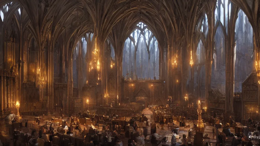 Prompt: hogwarts cinematic great hall art, detailed epic illustration, darek zabrocki, unreal engine,