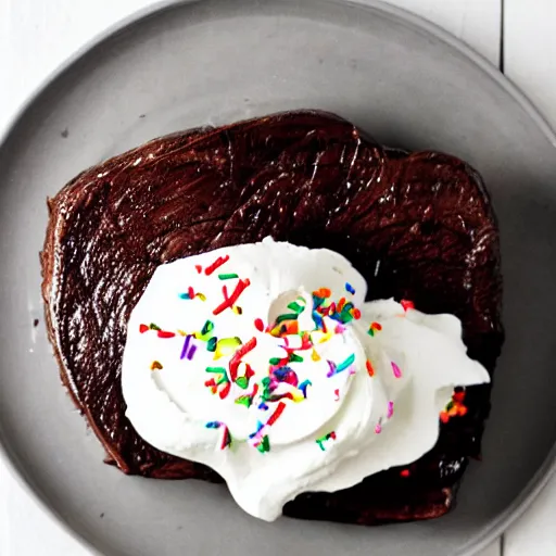 Prompt: chocolate steak with whipped cream and sprinkles