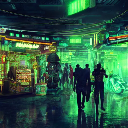 Image similar to cyberpunk black indian market, indoor in the style of blade runner, stands illuminated by greens neon lights, crowded with cyborgs photorealistic, 3 5 mm, grainy ruined film, dark color scheme, ray tracing, unreal engine, 4 k