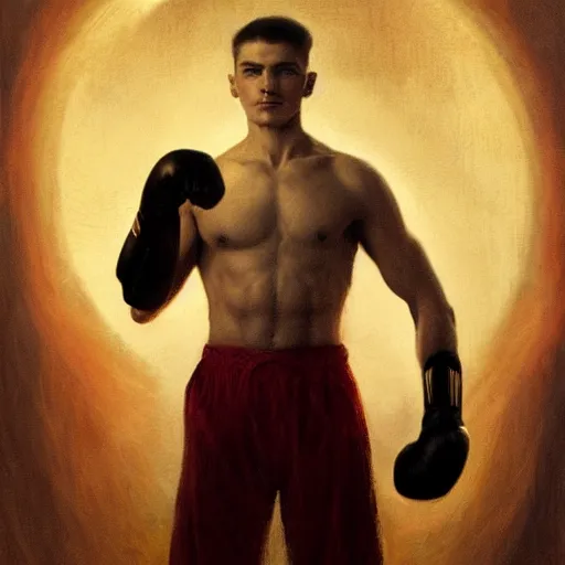 Image similar to handsome portrait of a young guy fitness posing, war hero, flexing, wearing red boxing gloves, hibiscus flower accent, radiant light, caustics, by gaston bussiere, bayard wu, greg rutkowski, giger, maxim verehin