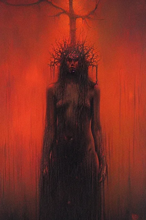 Image similar to queen of darkness painting in the style of beksinski, violent, high delicate defined details, beautiful, atmospheric, rain, matte, 3 d 8 k octane rendered, sharp focus, illustration, holographic undertones, high detail, ultra realistic, highly saturated colors