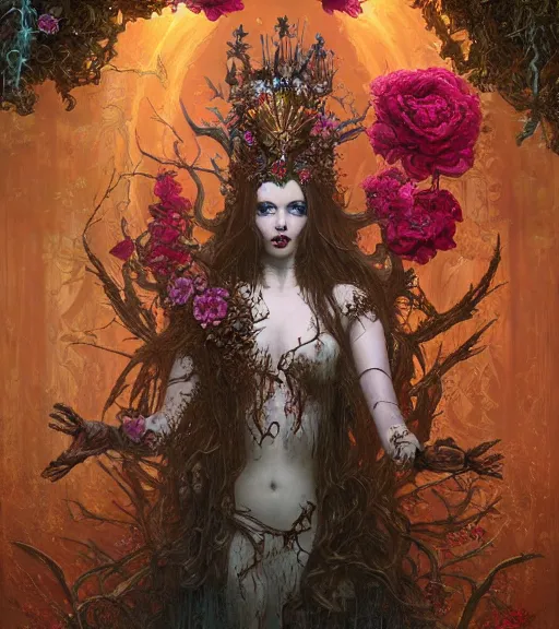 Image similar to portrait of the beautiful supreme queen of the blood cult, full body, surrounded by skulls and overgrowth and dark flowers by karol bak, James Jean, tom bagshaw, rococo, trending on artstation, cinematic lighting, hyper realism, octane render, 8k, hyper detailed.