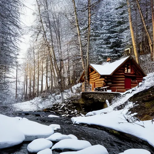 Image similar to a landscape picture of a cabin in a forest during winter with a stream of molten lava flowing next to it