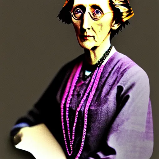 Prompt: Virginia Woolf dressed in PS4 merchandise designed by APC, colored photo, restored photo