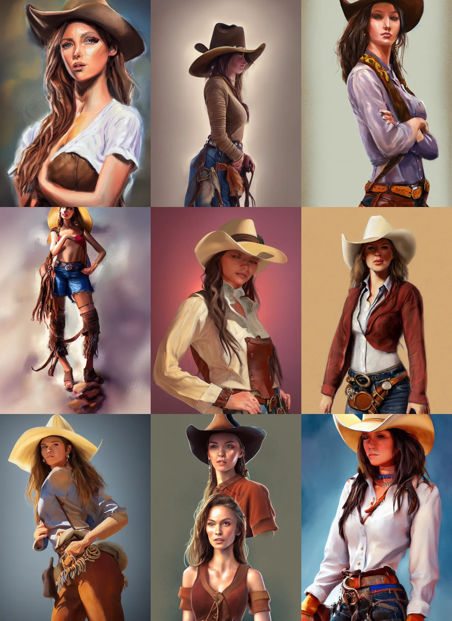 Prompt: full body concept art, oil paint illustration of a cowgirl with beautiful face, detailed clothing, soft lighting and focus