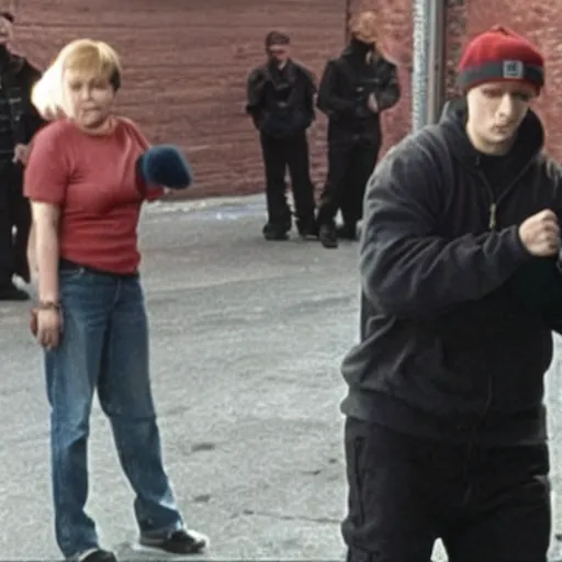 Image similar to Angela Merkel dressed as Eminem in the movie 8 mile, movie still