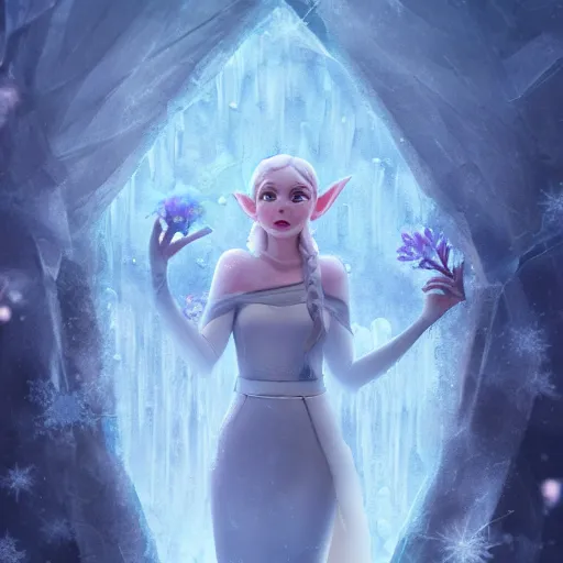 Prompt: a fantasy elf woman trapped and frozen trying to get out of a block of clear ice, with frozen flowers around her, treding artstation, greg rutkowski, cinema 4 d, cinematographic