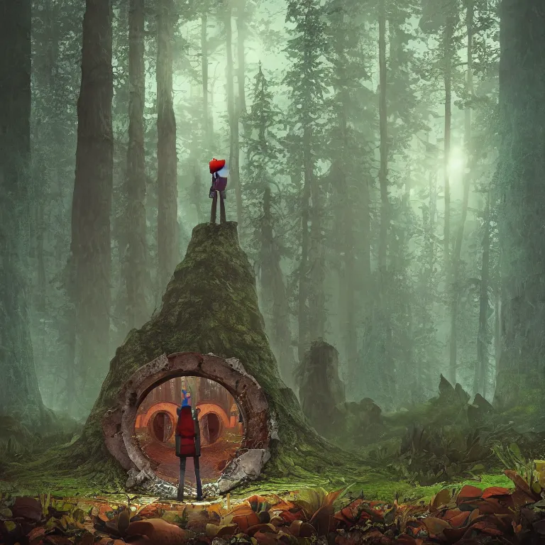 Image similar to a forest gnome standing in front of a circle portal open to another world Detailed digital matte painting in the style of simon stalenhag