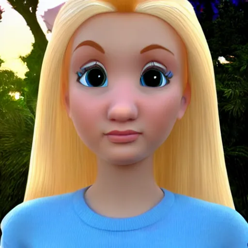 Image similar to a 3d princess with blonde hair , 3d cgi , disney style,pixar , photorealistic