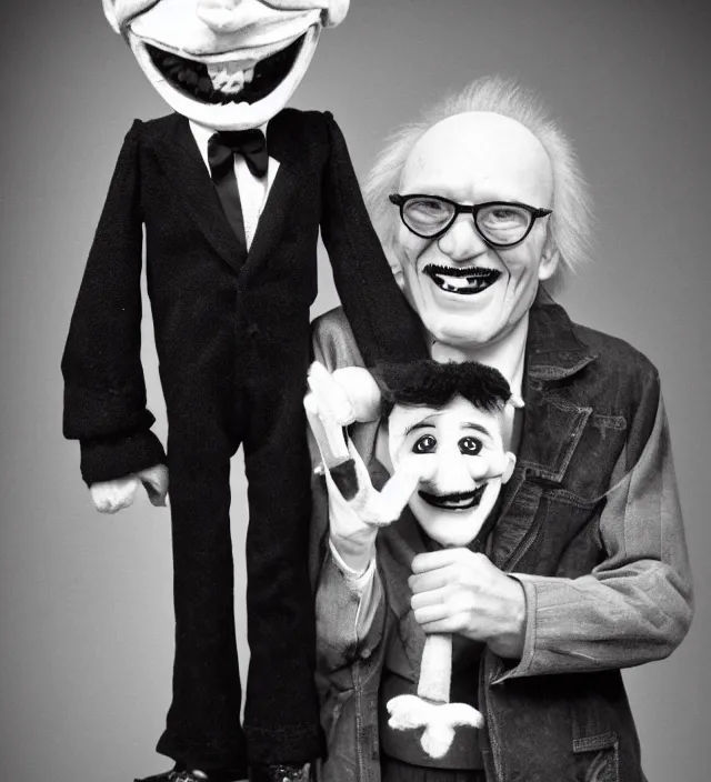 Prompt: hyper realistic old 1 9 8 0 photography of lunatic mad smiling ventriloquist old man with terrific haunted smiling puppet