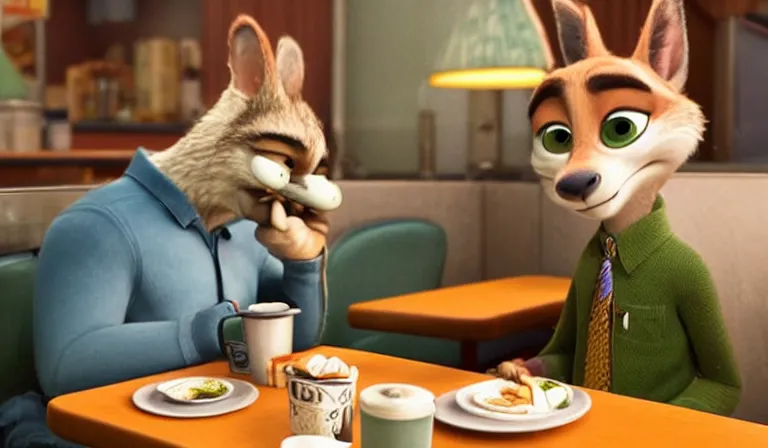 Prompt: A scene from Zootopia. Tired and lonely Nick is eating dinner at a lonely diner. The diner is dim and dirty. The economy is in a slump. Cold tones, Pixar Digital Movies
