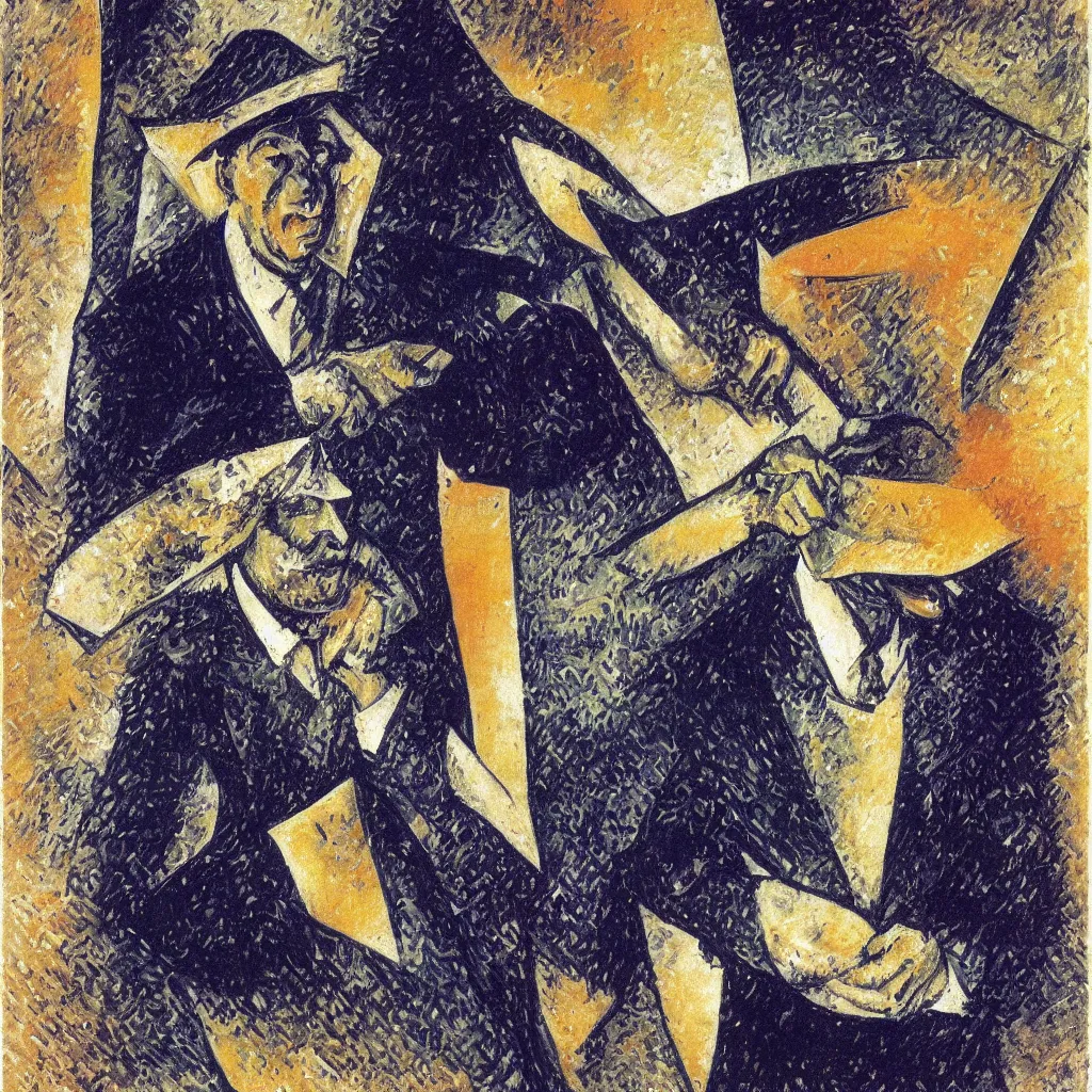 Image similar to Man in a business suit with a bag covering his head, by Boccioni