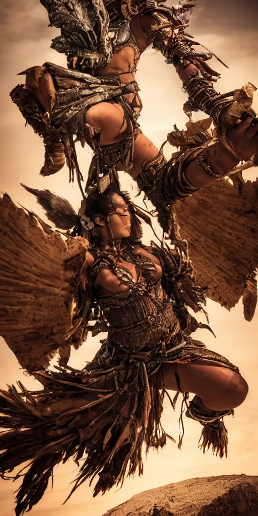 Image similar to fighting in air shaman tribeswoman, destroyed armor parts fly away, inspired by monster hunter, low shot, muscular body, symmetrical face, clean face, subtle make up, destruction around her, frozen time,dramatic lighting, cinematic, establishing shot, extremely high detail, photorealistic, 300 the movie,monster hunter the movie, dune the movie, cinematic lighting, artstation, octane render, western,old photo, vintage