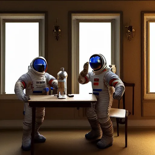 Image similar to 3 cosmonauts in a spacesuit drinks a steaming cup of tea at an old wooden desk in a richly decorated victorian house. the autumn light comes in through a window and dimly illuminates the room, diffuse light, octane render