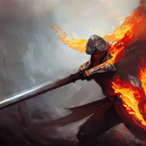 Image similar to a flaming sword, painting by wlop