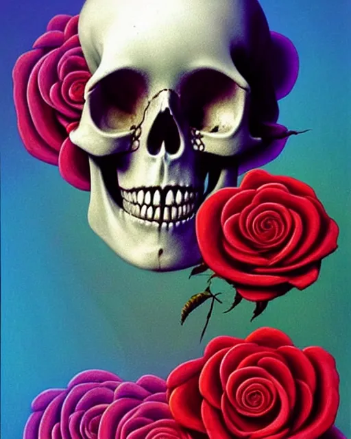 Image similar to portrait of a female skull with roses instead of eyes. roses, intricate abstract upper body intricate artwork, by zdzislaw beksinski, cinematic arthouse, key art, hyper realism, iridescent accents