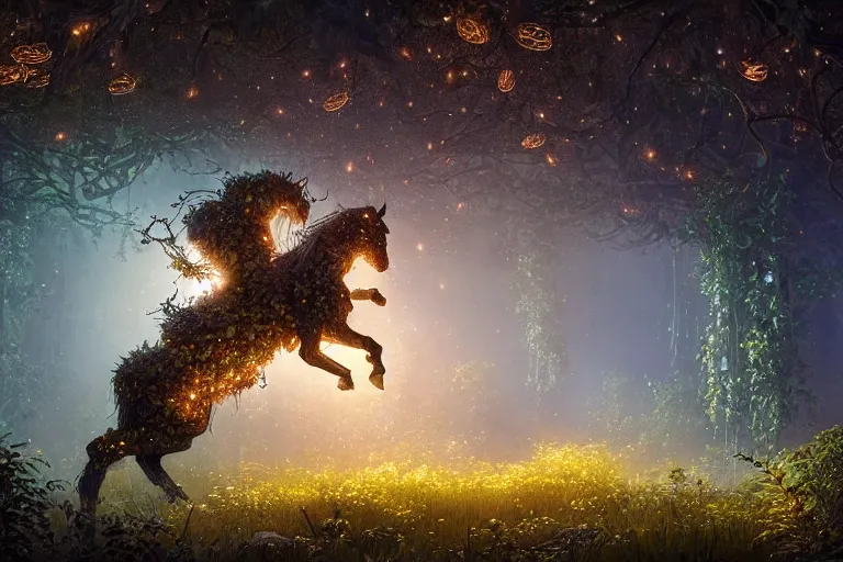 Prompt: a stunning swarm of fireflies forming a horse with a thick mane of bioluminescent vines and flowers running through the woods by greg rutkowski, high key lighting, volumetric light, digital art, highly detailed, fine detail, intricate, ornate, complex, octane render, unreal engine, photorealistic