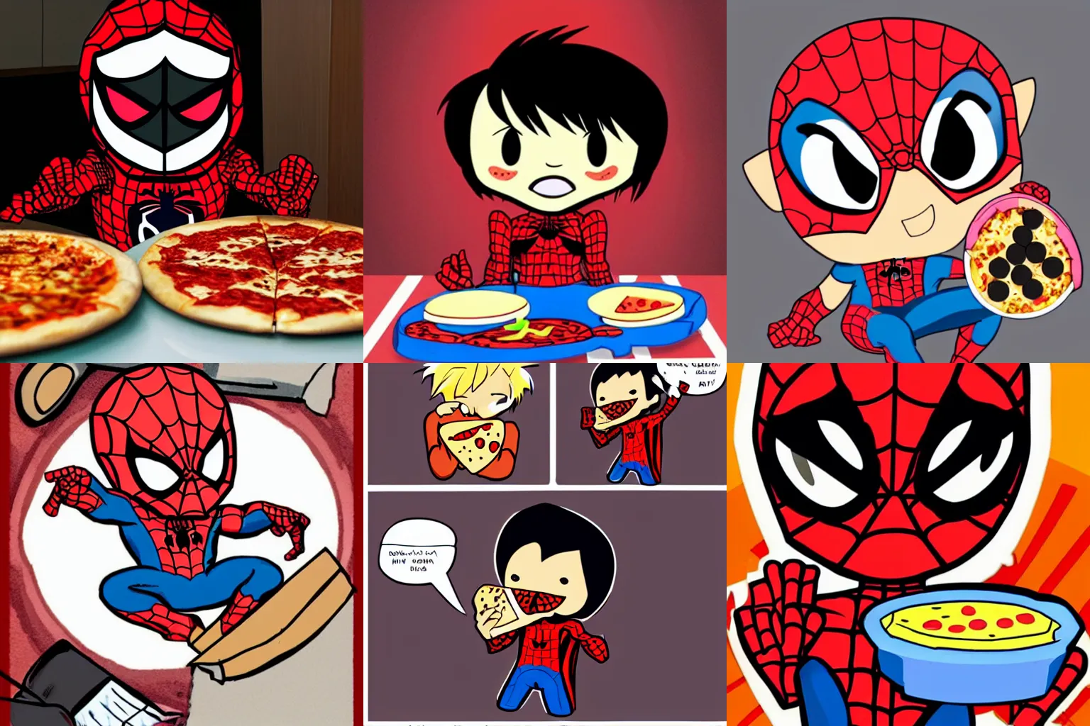 Prompt: cute chibi spiderman eating pizza