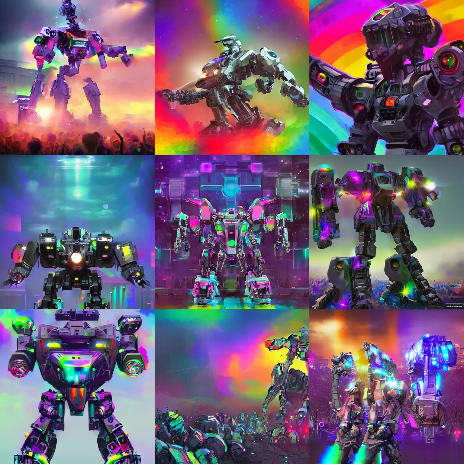 Prompt: A digital matte intricate illustration concept art of collosal robot mech Ed-209 at a Pride Parade crowd shot inspired art + rainbow colors, symmetry , intricate complexity, epic composition, highly detailed, cinematic lighting + masterpiece, trending on artstation + 8k