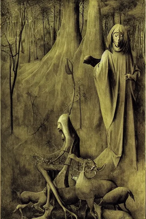 Image similar to zdzisław beksinski hieronymus bosch man with a goat head in the woods