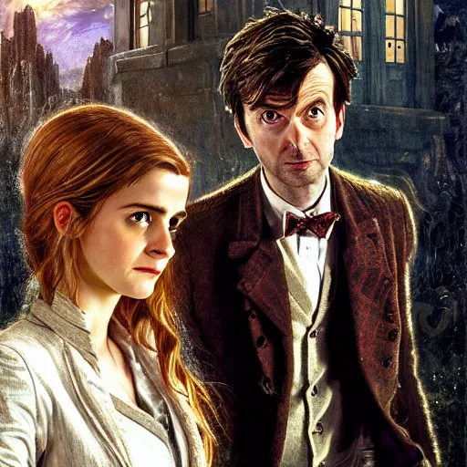 Image similar to david tennant as tenth doctor who and emma watson as hermione granger in tardis, highly detailed, artstation, concept art, fantasy, smooth, sharp focus, illustration, perfect face, art by nikolay makovsky, jacek malczewski, arthur hughes, edward okun, franz xaver winterhalter