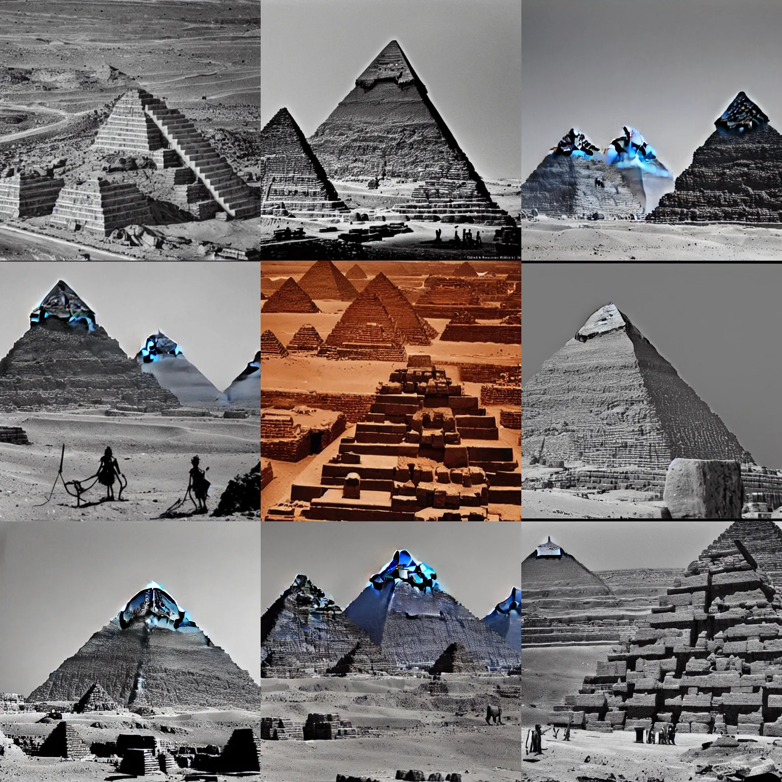 Prompt: giant alien robots building the gizah pyramids, bw photograph, 4 0 0 0 bc,