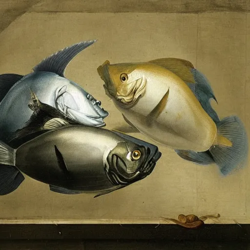 Image similar to two fishes talking to eachother in deep sea, art by pieter claesz