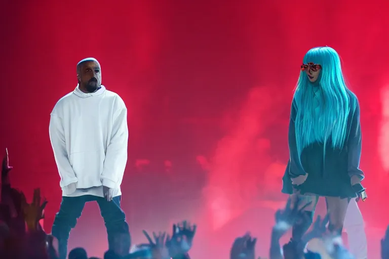 kanye west on stage with hatsune miku, 85mm Stable Diffusion OpenArt