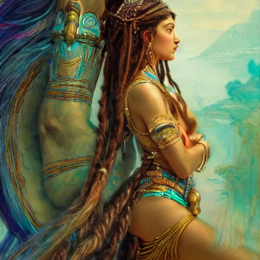 Image similar to artstation, intricate detail, hyper detail, portrait by gaston bussiere, tan skin, lady of elche, egyptian sumerian features, techno mystic goddess princess intergalactica inanna with aqua neon rapunzel dreadlocks,