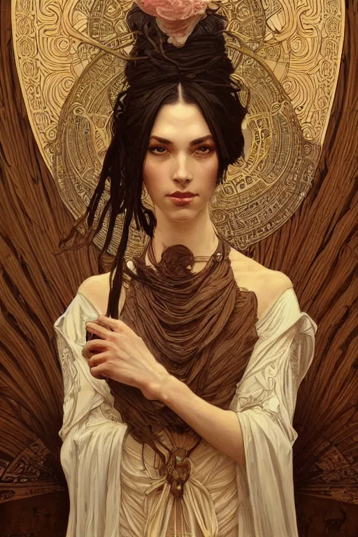 Prompt: high priestess, intricate, elegant, highly detailed, concept art, sharp focus, beautiful face!!, digital art, smooth defined outlines!!, human anatomy, human structure, by Brom, trending on Artstation, Alphonse Mucha, Tom Bagshaw, Sargent