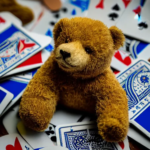 Image similar to a photograph of a teddybear holding a pack of playing cards, 50mm, depth of field