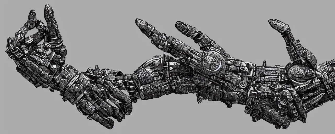 Image similar to a closeup of a robot hand holding a fountain pen, intricate, cinematic lighting, highly detailed, digital painting, artstation, concept art, smooth, sharp focus, illustration