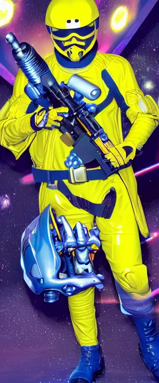 Image similar to Soft yellow-suited usurper alien soldier with soft-yellow motocross helmet with blue glowing visor, holding an alien soft yellow energy rifle.