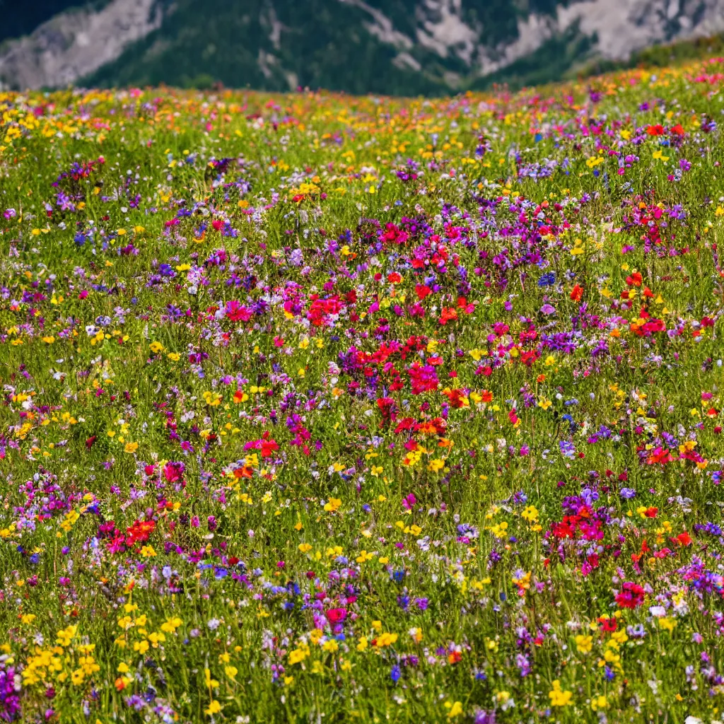 Image similar to a colourful flower meadow in the alps, sunny weather, Carl Zeiss 35mm vintage lens, bokeh