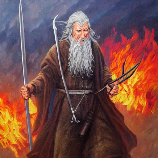 Prompt: gandalf with a machine gun, oil painting, war photo, anger, fire, dramatic, very detailed, 4k, by Jeffrey Smith and Erin Hanson and Chad Knight