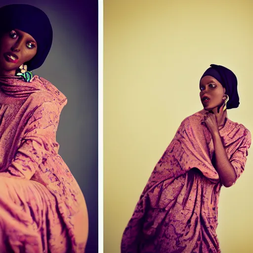 Image similar to studio photography, portrait image, somali woman, beautiful, vintage, dreamy, happy, pastel