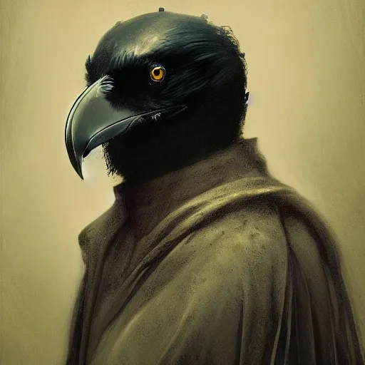 Prompt: self portrait of a raven nobleman. Full body with cloak and body armor, digital art, realistic, ultradetailed, concept art in the style of r/retrofuturism, art by Beksinski and Dariusz Zawadski, trending on artstation, devianart, cgsociety