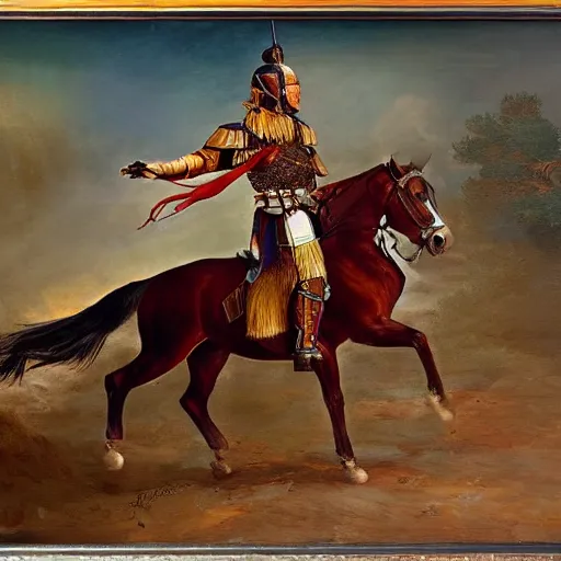 Prompt: Joe Biden as an ancient Mongolian warrior riding on horseback into battle, masterpiece oil painting, dynamic shot