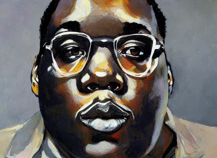 Prompt: a highly detailed beautiful portrait of notorious b. i. g on lsd, by gregory manchess, james gurney, james jean