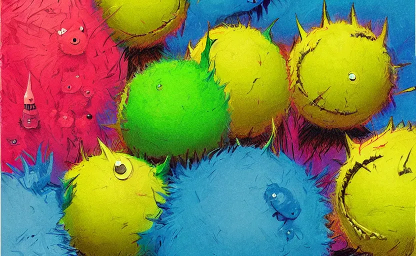 Image similar to a cinematic poster squad of tennis ball monsters, colorful, digital art, fantasy, magic, chalk, trending on artstation, ultra detailed, professional illustration by basil gogos