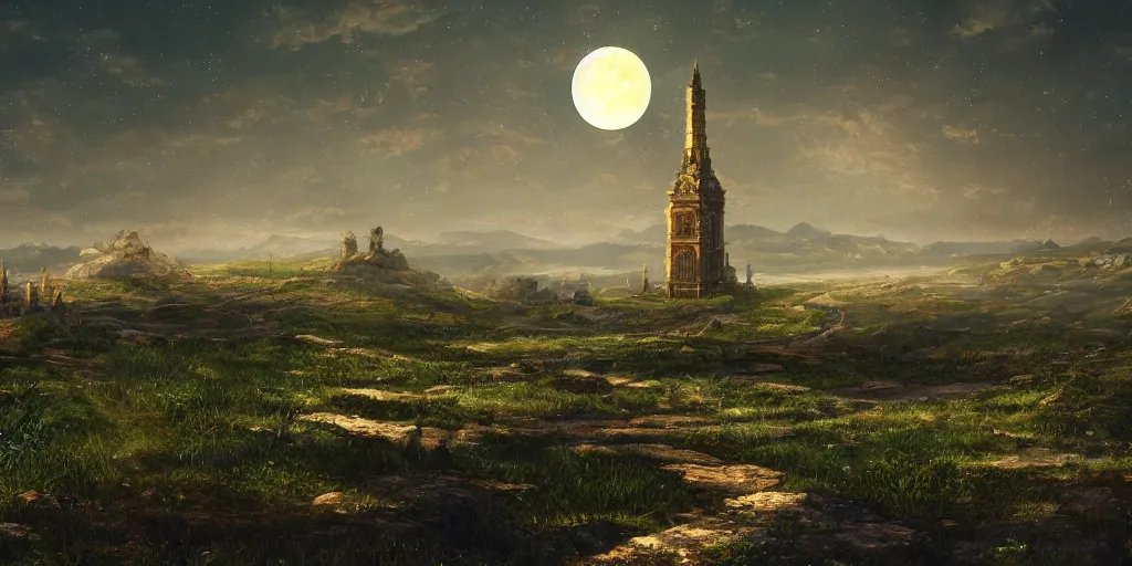 Image similar to The great intricate marble and golden wizards tower, painted landscape, green fields in the background, moody lighting, moon in the night sky, sharp image, 4k, artstation, colorful digital art